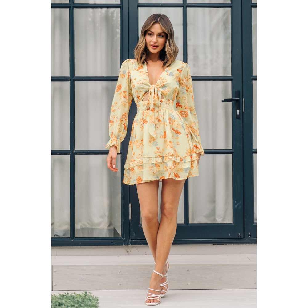 Celina V-neck‎ Floral Lace Up Mini Dress - Picture 4 of 8